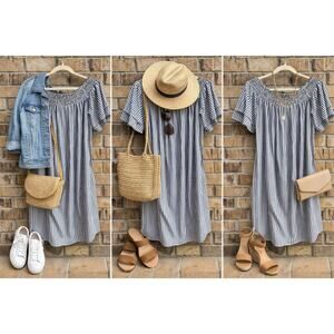 Old Navy Striped Off Shoulder Dress Women’s Small Tall Smocked Flutter Sleeve